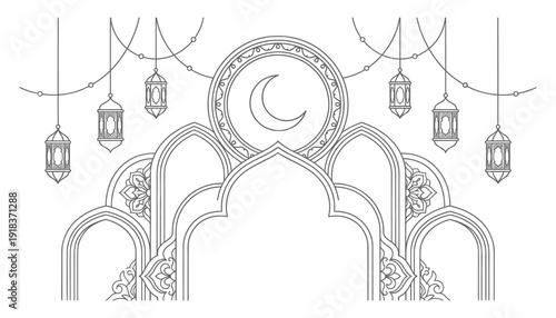 Ramadan kareem line art background with islamic arch mosque and hanging lanterns