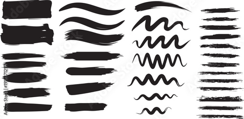 Black ink brush strokes and wavy lines white grunge