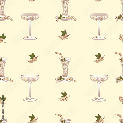 White Currant Cocktail Seamless Pattern. Refreshing Drinks with Ice Cubes, Berries, Mint in Elegant Glass on Yellow Background. Square template. Vector Illustration
