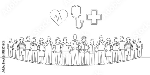 World Health Day Healthcare Team Line Art Banner, Doctors and Nurses Community Support Concept Vector Illustration