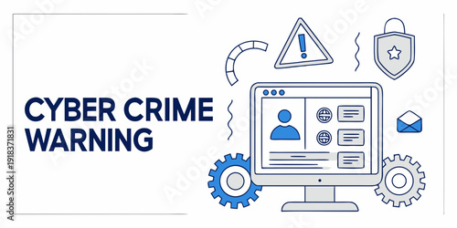 Cyber crime warning sign on a computer screen with security icons