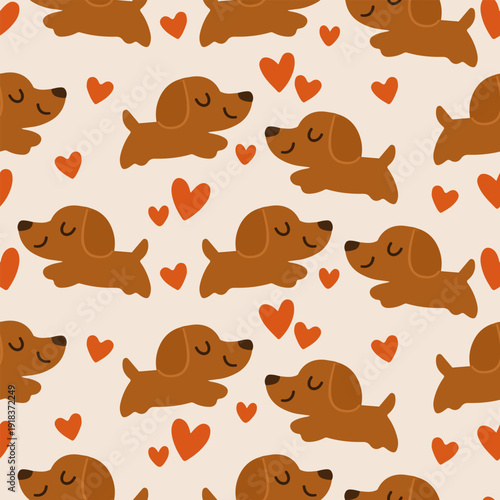 Seamless vector pattern with cute dachshund dogs and hearts on soft pastel background. Perfect for textile design, fabric print, nursery decor, wrapping paper and pet themed projects