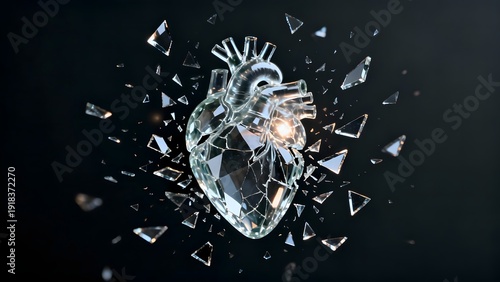 Shattered glass heart with fragments exploding outwards against a dark background