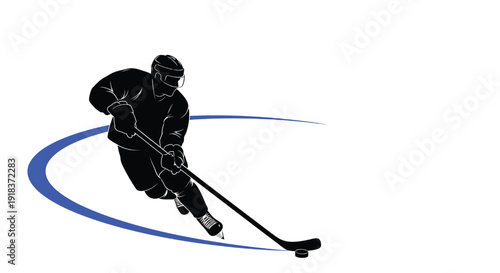 A hockey player in action on the ice with a blue curve