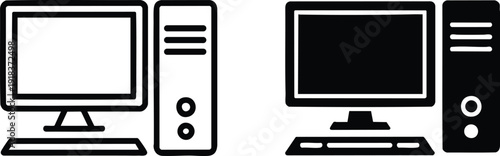 Comparison of Outline and Solid Desktop Computer Icons, vector, illustration, silhouette.
