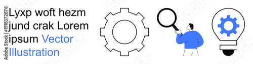 Problem-solving, innovation, research, technology, creativity, teamwork. Gear mechanism, magnifying glass and light bulb with a person analyzing. Problem-solving and innovation concepts