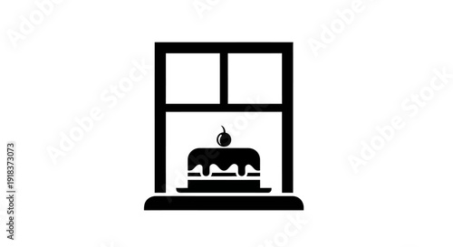 A minimalist black and white illustration of a cake with a cherry on top, displayed on a tray inside a window frame, symbolizing a sweet treat or bakery item