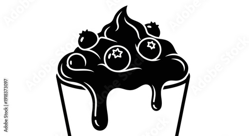 Black and white illustration of a delicious cupcake with blueberries and dripping frosting, perfect for food blogs and baking businesses