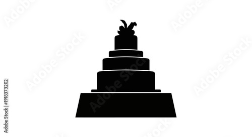 A minimalist black silhouette depicting a grand tiered cake, crowned with an intricate mythical creature, set against a pristine white background for a striking graphic emblem