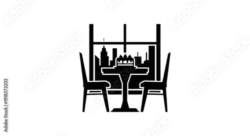Dining table and chairs in front of a city skyline window, suggesting a celebratory meal or event