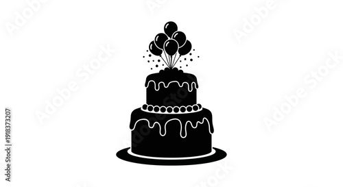 Elegant two-tiered birthday cake silhouette with balloons and confetti, perfect for celebrating special occasions and festive events