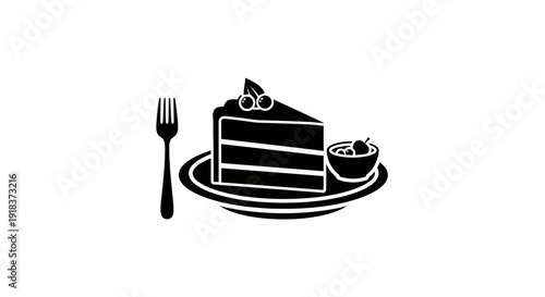 A black and white silhouette of a slice of cake on a plate with a fork and a small dish of berries, perfect for representing desserts and celebrations
