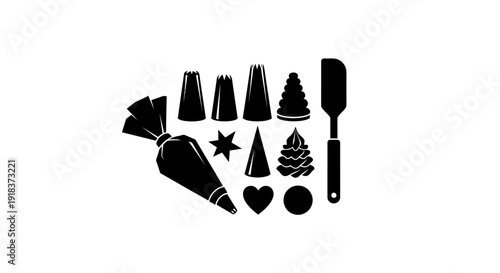 Baking and cake decorating supplies including piping bags and nozzles, a spatula, and various shaped cutters, presented in a clean silhouette graphic