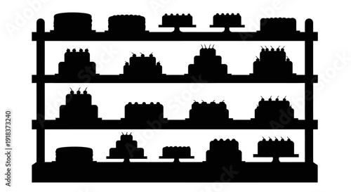 Elegant black silhouette illustration of a bakery display shelf filled with various decorative cakes, ideal for sweet shop branding, menu design, or event catering graphics