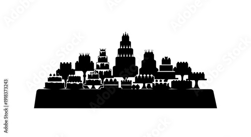 A detailed silhouette illustration showcasing an array of beautifully decorated cakes arranged on stands, creating a tiered display