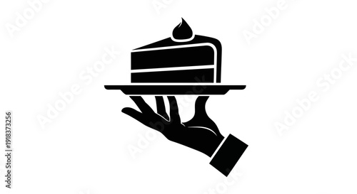 Elegant silhouette graphic featuring a hand gracefully serving a delicious slice of cake on a tray, perfect for dessert menus, catering service branding, or event invitations