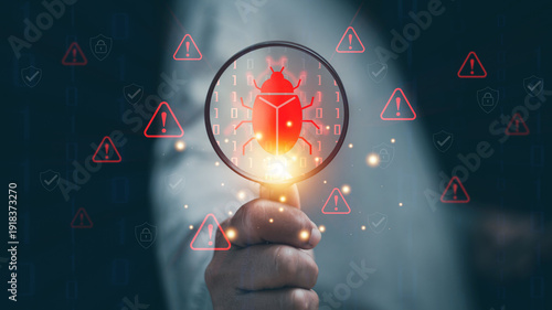 Cybersecurity threat detection concept. Magnifying glass analyzing malware bug icon. Data breach warning alerts and digital security protection against cyber attack and network vulnerabilities.