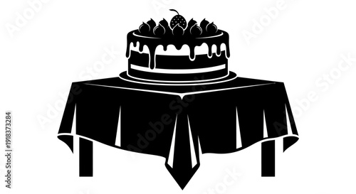 A black and white silhouette of a celebratory cake adorned with hops, elegantly presented on a table draped with a tablecloth, ready for a special occasion
