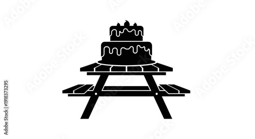 A festive tiered cake sits atop a classic wooden picnic table, a delightful scene of outdoor celebration and sweet indulgence