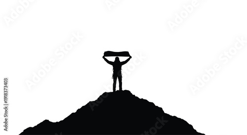 A triumphant person standing on a mountain peak with arms raised