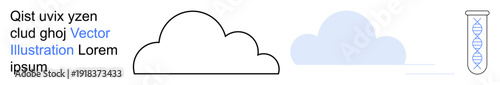 Science education, technology, cloud storage, biology, innovation, data analysis. Minimalist cloud shapes next to a DNA strand in a test tube. Science education and technology concept