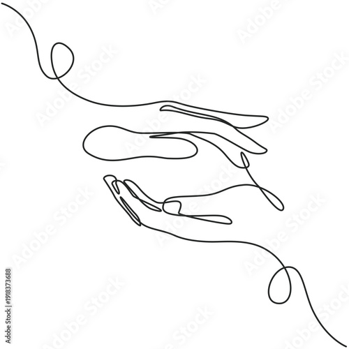 Hands together;Giving and receiving hands one line drawing. Hands together;Giving and receiving hands single line illustration. Hands together;Giving and receiving hands minimalist line art