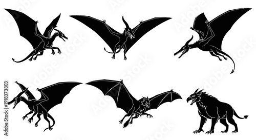 Giant Carnivorous Flying Creatures Vector Set – Dragon, Pterosaur, Griffin, Wyvern, Fantasy Predator Silhouettes