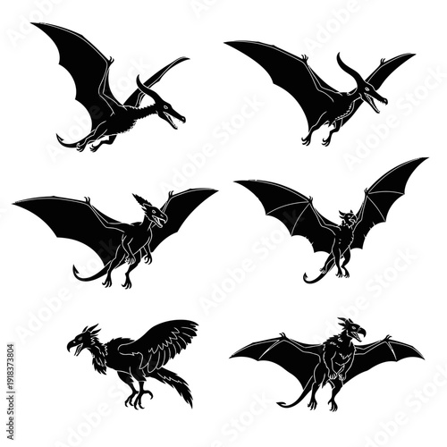 Giant Carnivorous Flying Creatures Vector Set – Dragon, Pterosaur, Griffin, Wyvern, Fantasy Predator Silhouettes