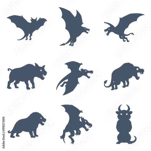 Giant Carnivorous Flying Creatures Vector Set – Dragon, Pterosaur, Griffin, Wyvern, Fantasy Predator Silhouettes