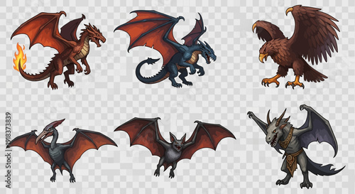 Giant Carnivorous Flying Creatures Vector Set – Dragon, Pterosaur, Griffin, Wyvern, Fantasy Predator Silhouettes