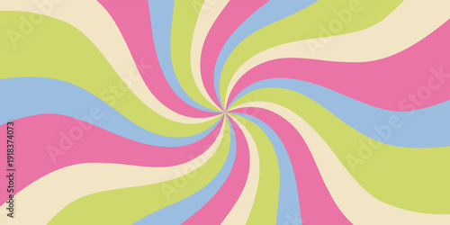 Groovy retro psychedelic swirl background with a funky wavy spiral in colorful y2k style. Sunshine and sun elements create a vibrant sun burst effect. Horizontal format for modern wallpaper or