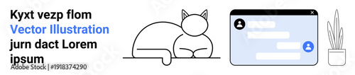 Digital interaction, relaxation, playful design, messaging platforms, online communication, home lifestyle. Minimalistic design features a cat, a chat interface and a plant. Digital interaction