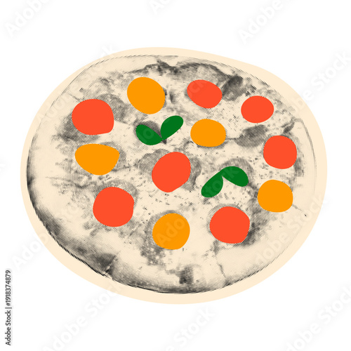 Retro pop art halftone pizza collage element. Vintage mixed media pizza sticker with dotted texture and trendy doodles. 