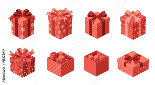 Red Gift Box Set with Ribbon and Snowflake Pattern