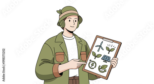 A cartoon man in green outdoor gear holds an eco-friendly infographic board with solar panel, wind turbine, and leaf illustrations against a clean white background.