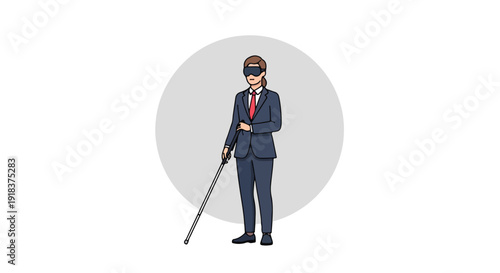 A cartoon businessman in a suit and virtual reality headset holds a white cane on a gray circular background with a minimalist style.