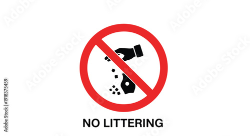 A close-up shot of a no littering sign with a red circle and prohibition symbol on a white background.