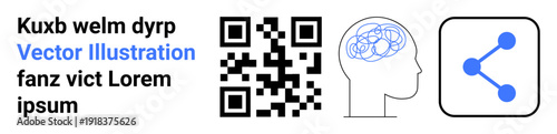 Technology, connectivity, innovation, data sharing, neuroscience, digital transformation. QR code, brain diagram sharing icon in minimal design. Technology and connectivity concepts