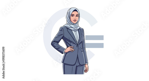 Confident businesswoman in a hijab standing with her hand on her hip in a professional gray suit against a clean white background with a subtle logo.
