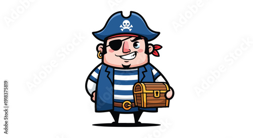 A cheerful cartoon pirate holding a treasure chest with a blue hat and vest on a white background with a playful mood.