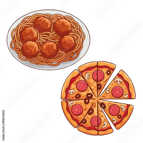 A delicious pizza with fresh tomatoes and pineapple slices on top. isolated on white background, Vector, illustration