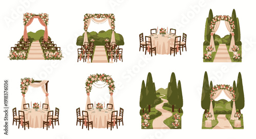 Outdoor Wedding Ceremony Venue and Table Decor Illustration Set