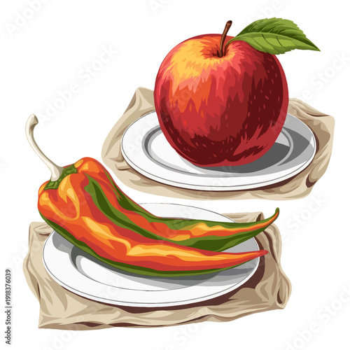 A vibrant still life featuring a juicy red apple and a slice of orange on a white plate isolated on white background, Vector, illustration