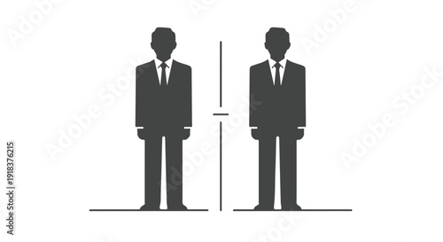 Two suited businessmen standing on either side of a social distancing line on a white background.