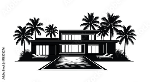 Modern tropical house with a swimming pool and palm trees
