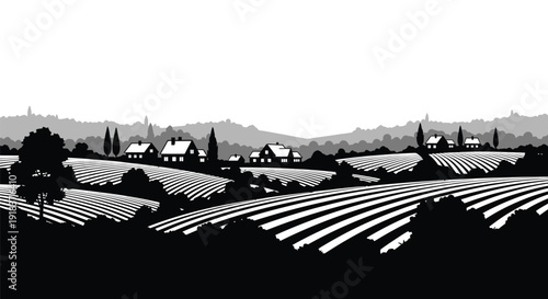 A black and white illustration depicting a rural landscape with fields and houses