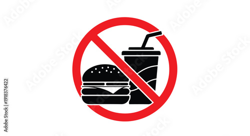 Graphic illustration of a red circle with a line through a hamburger and soda cup on a white background