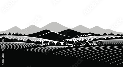 A grayscale landscape depicting rolling hills fields and small houses