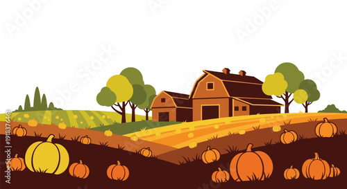 Autumn farm scene with pumpkins barn and colorful trees