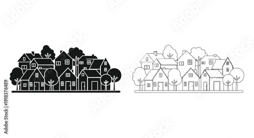Black and white line drawing of a quaint european townscape with buildings